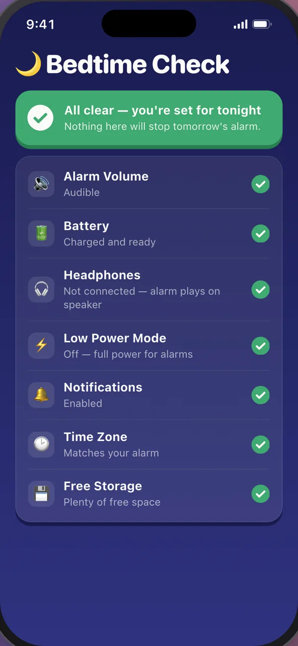 Bedtime check: volume, battery, headphones, low power, notifications all clear
