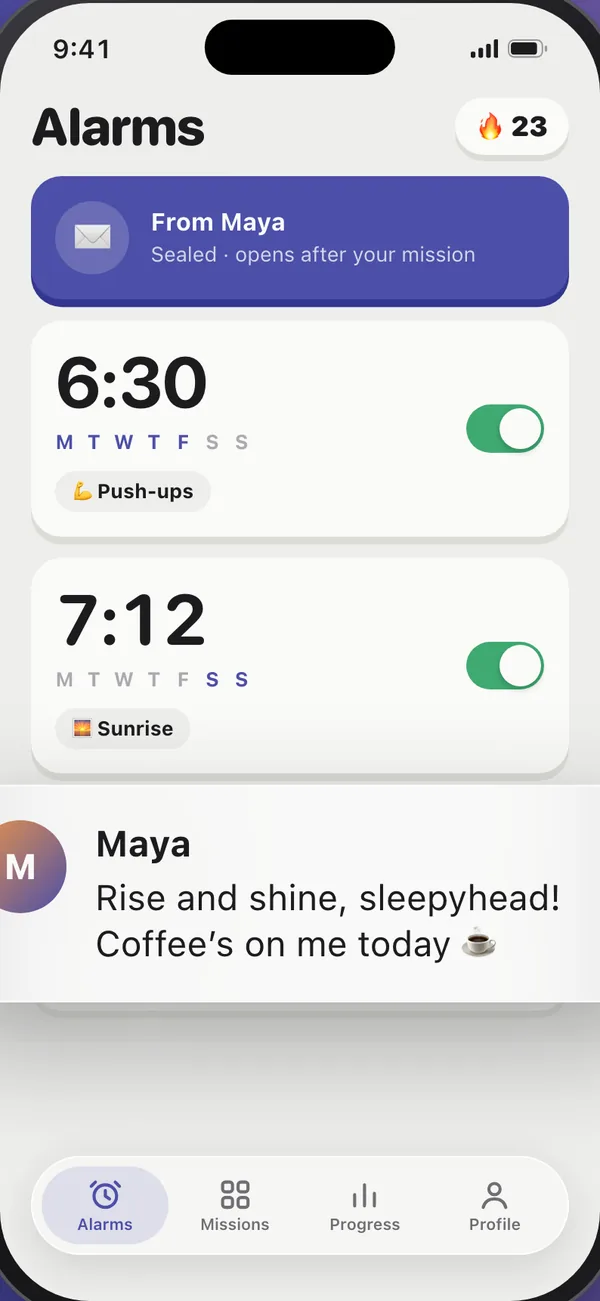 Auren Alarm alarms list with a sealed message from a friend