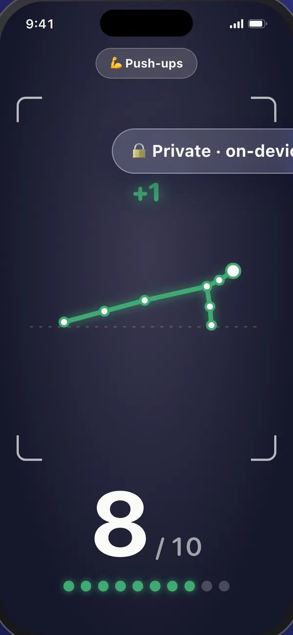 Push-ups mission counted by the camera, privately on-device