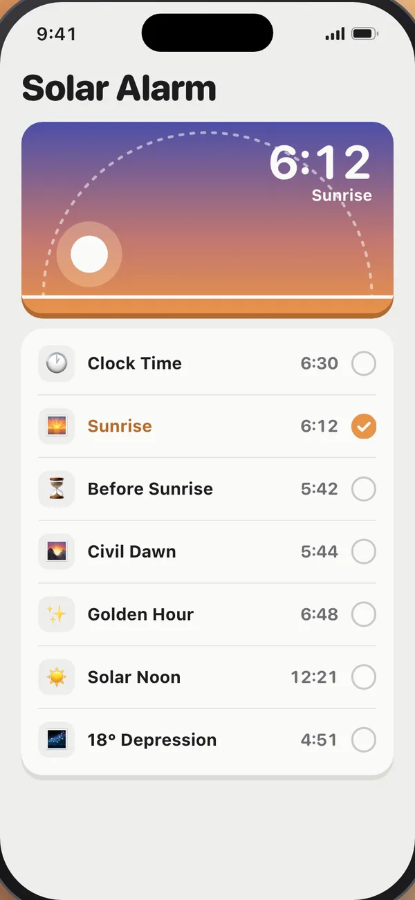 Solar alarm presets: sunrise, civil dawn, golden hour