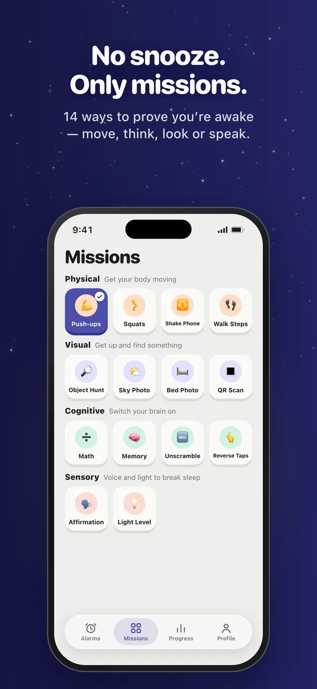 Auren Alarm screenshot: No snooze. Only missions