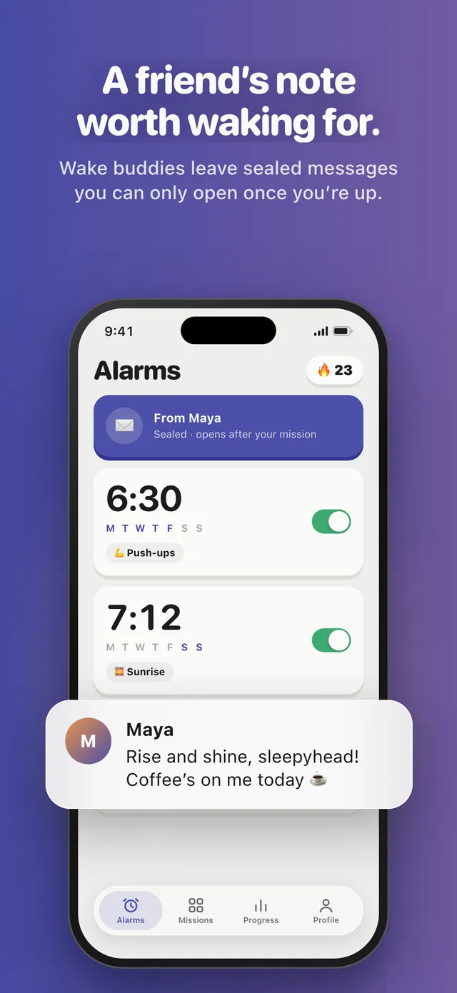 Auren Alarm screenshot: A friend's note worth waking for